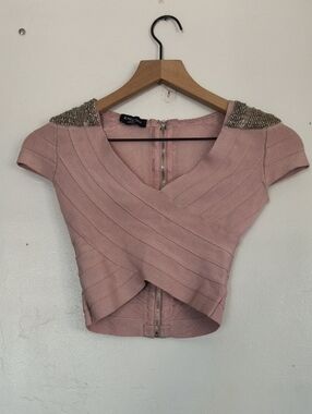 Vintage Y2K bebe Pink Blush Bandage Beaded-Shoulder Wrap Crop Top Sz XS Women